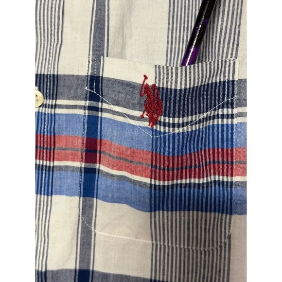 US Polo Assn Mens XS Short Sleeve Plaid Button Down Shirt Red White Blue Stretch - Picture 8 of 14